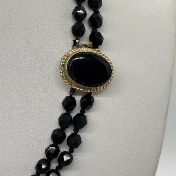 Vintage Glass Beaded Necklace Black Handknotted With Gold-Tone Oval Clasp 1950 - - Picture 3 of 13